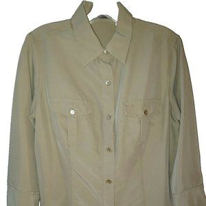 Liz Claiborne Button Down Shirt Blouse Khaki Rayon Poly Stain Resistant Medium
